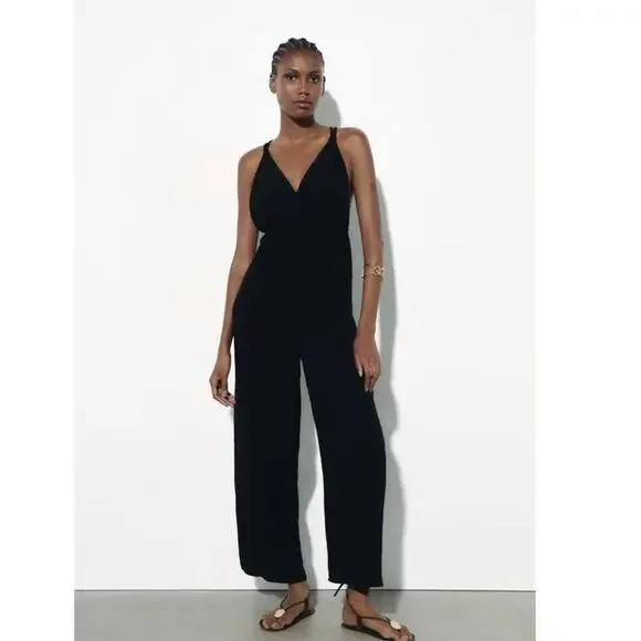 Zara Braid Strap Black Jumpsuit size Large - Picture 1 of 11